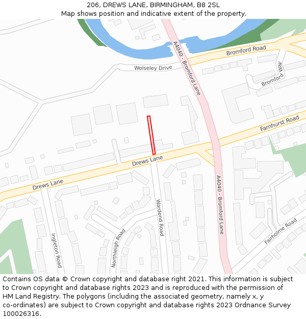 206, DREWS LANE, BIRMINGHAM, B8 2SL: Location map and indicative extent of plot