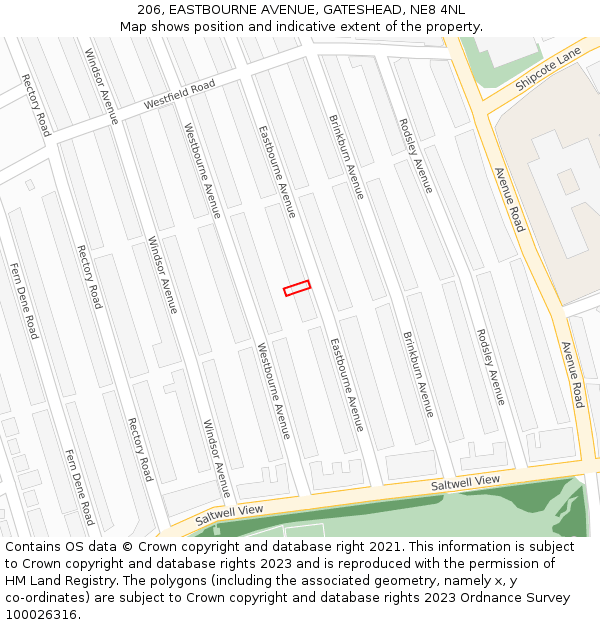 206, EASTBOURNE AVENUE, GATESHEAD, NE8 4NL: Location map and indicative extent of plot
