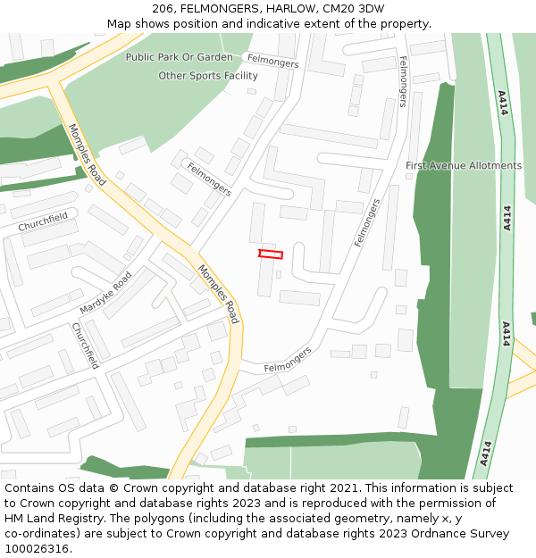 206, FELMONGERS, HARLOW, CM20 3DW: Location map and indicative extent of plot