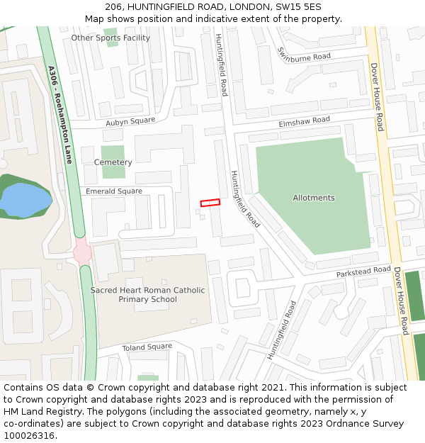 206, HUNTINGFIELD ROAD, LONDON, SW15 5ES: Location map and indicative extent of plot