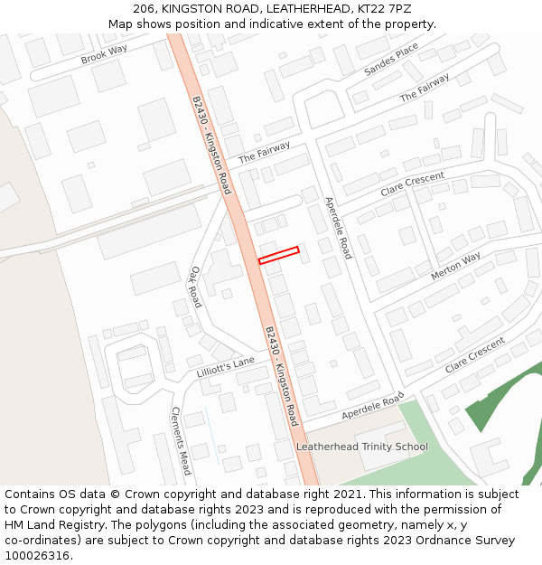 206, KINGSTON ROAD, LEATHERHEAD, KT22 7PZ: Location map and indicative extent of plot