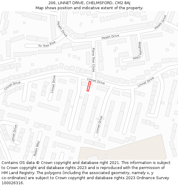 206, LINNET DRIVE, CHELMSFORD, CM2 8AJ: Location map and indicative extent of plot