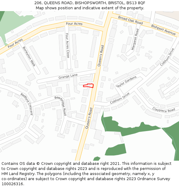 206, QUEENS ROAD, BISHOPSWORTH, BRISTOL, BS13 8QF: Location map and indicative extent of plot