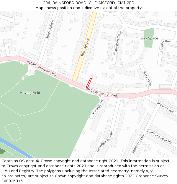 206, RAINSFORD ROAD, CHELMSFORD, CM1 2PD: Location map and indicative extent of plot