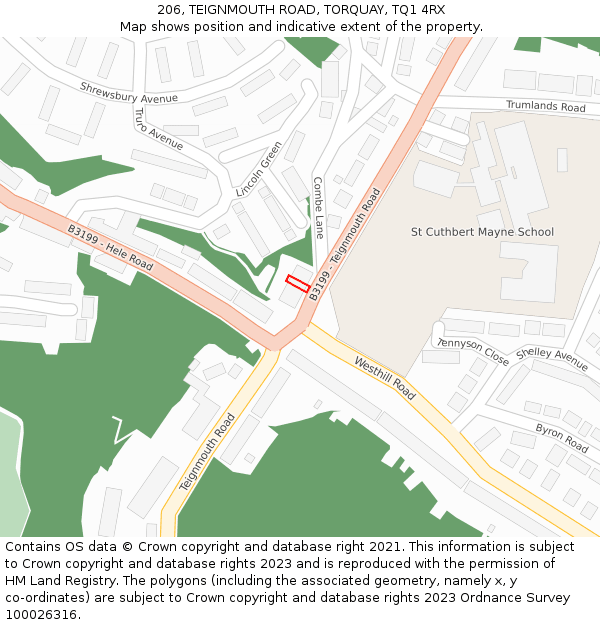 206, TEIGNMOUTH ROAD, TORQUAY, TQ1 4RX: Location map and indicative extent of plot