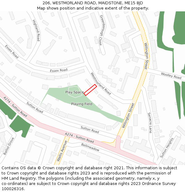 206, WESTMORLAND ROAD, MAIDSTONE, ME15 8JD: Location map and indicative extent of plot