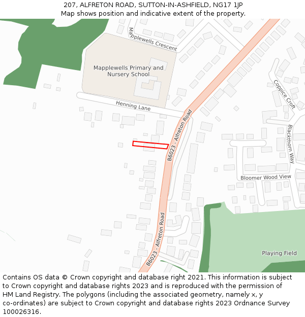 207, ALFRETON ROAD, SUTTON-IN-ASHFIELD, NG17 1JP: Location map and indicative extent of plot