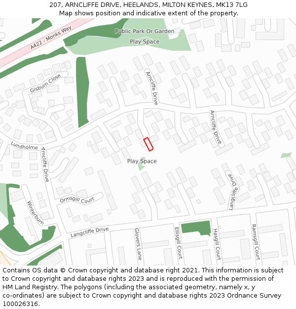 207, ARNCLIFFE DRIVE, HEELANDS, MILTON KEYNES, MK13 7LG: Location map and indicative extent of plot