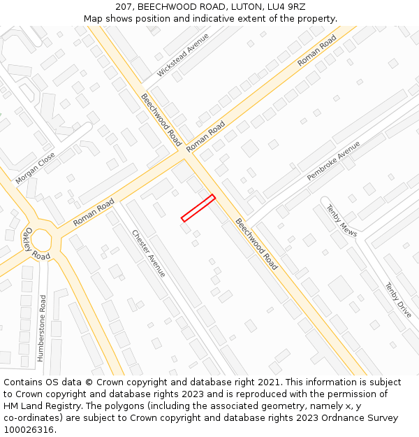 207, BEECHWOOD ROAD, LUTON, LU4 9RZ: Location map and indicative extent of plot