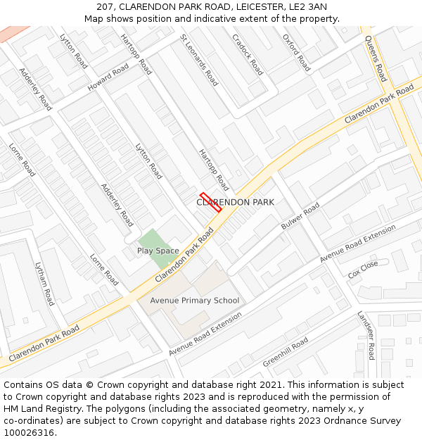 207, CLARENDON PARK ROAD, LEICESTER, LE2 3AN: Location map and indicative extent of plot