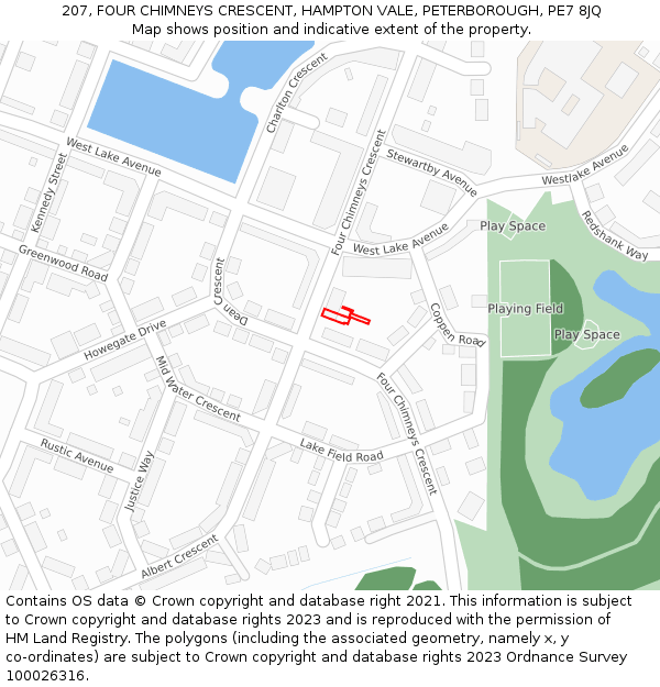207, FOUR CHIMNEYS CRESCENT, HAMPTON VALE, PETERBOROUGH, PE7 8JQ: Location map and indicative extent of plot