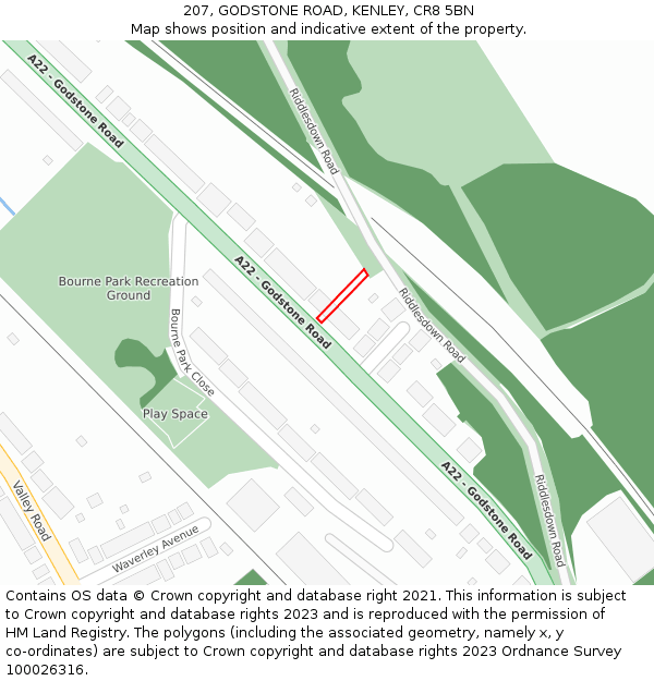 207, GODSTONE ROAD, KENLEY, CR8 5BN: Location map and indicative extent of plot