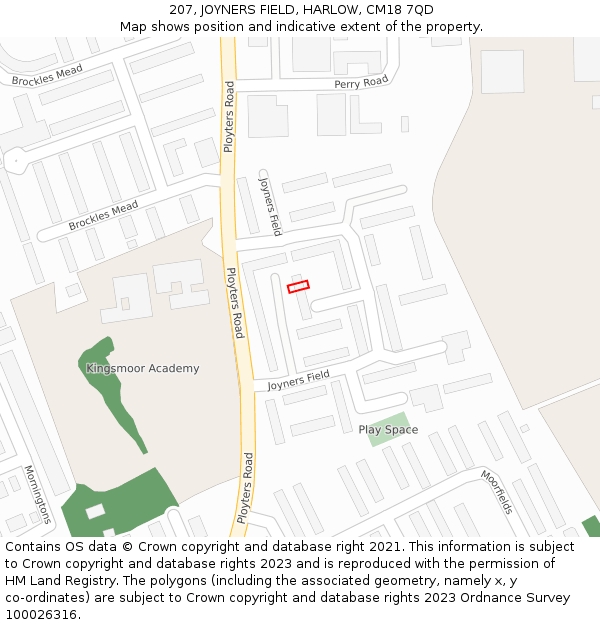 207, JOYNERS FIELD, HARLOW, CM18 7QD: Location map and indicative extent of plot