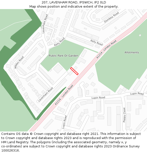 207, LAVENHAM ROAD, IPSWICH, IP2 0LD: Location map and indicative extent of plot