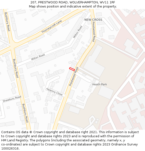207, PRESTWOOD ROAD, WOLVERHAMPTON, WV11 1RF: Location map and indicative extent of plot