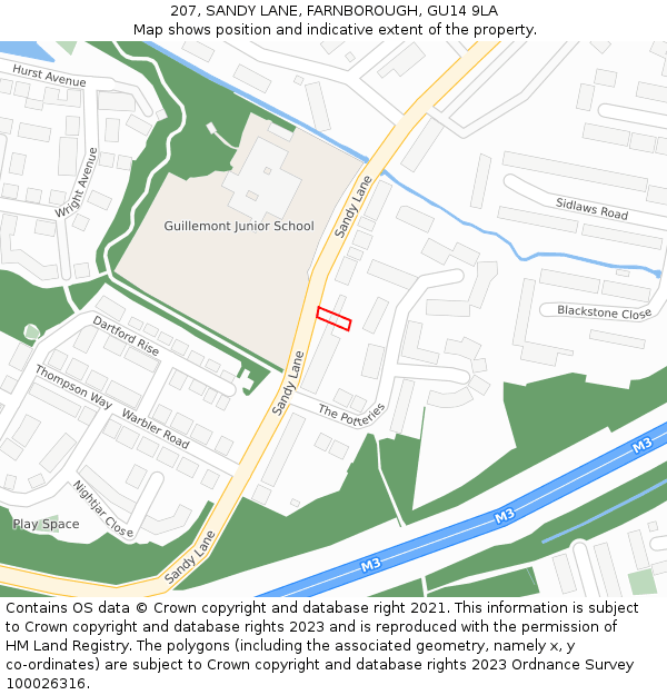 207, SANDY LANE, FARNBOROUGH, GU14 9LA: Location map and indicative extent of plot