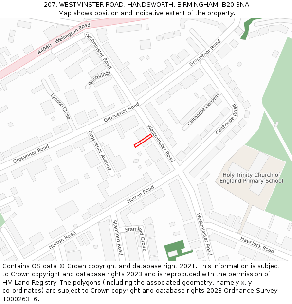 207, WESTMINSTER ROAD, HANDSWORTH, BIRMINGHAM, B20 3NA: Location map and indicative extent of plot