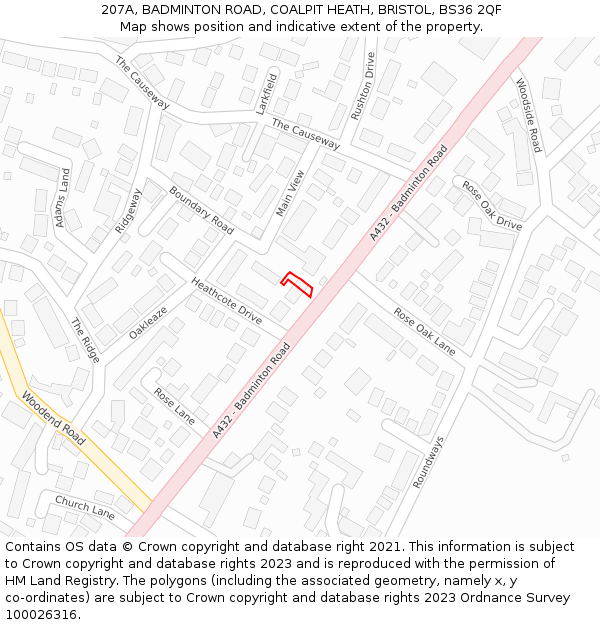 207A, BADMINTON ROAD, COALPIT HEATH, BRISTOL, BS36 2QF: Location map and indicative extent of plot