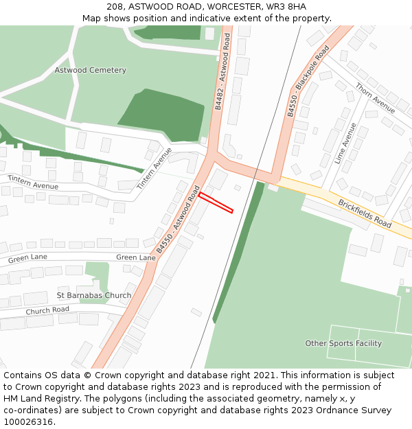 208, ASTWOOD ROAD, WORCESTER, WR3 8HA: Location map and indicative extent of plot
