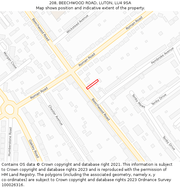 208, BEECHWOOD ROAD, LUTON, LU4 9SA: Location map and indicative extent of plot
