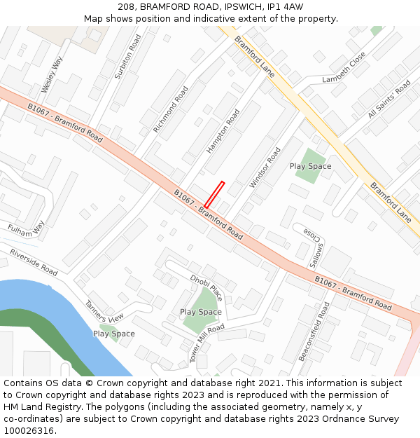 208, BRAMFORD ROAD, IPSWICH, IP1 4AW: Location map and indicative extent of plot
