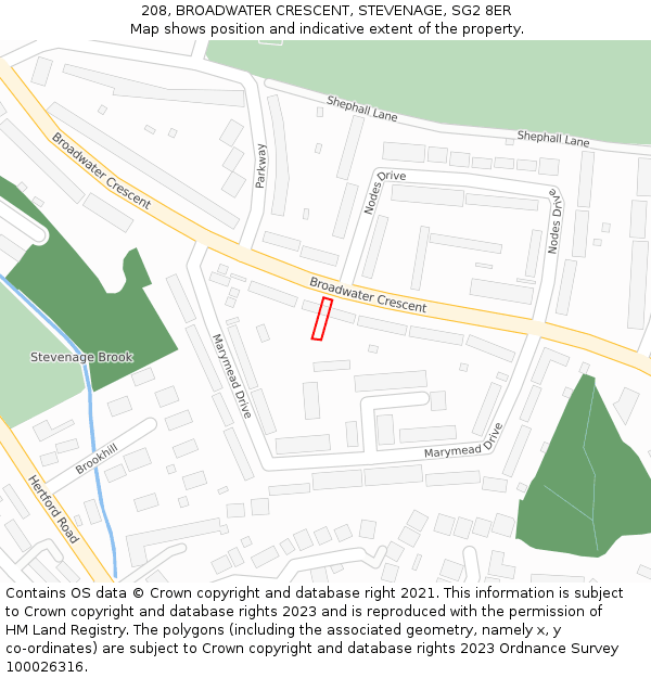 208, BROADWATER CRESCENT, STEVENAGE, SG2 8ER: Location map and indicative extent of plot