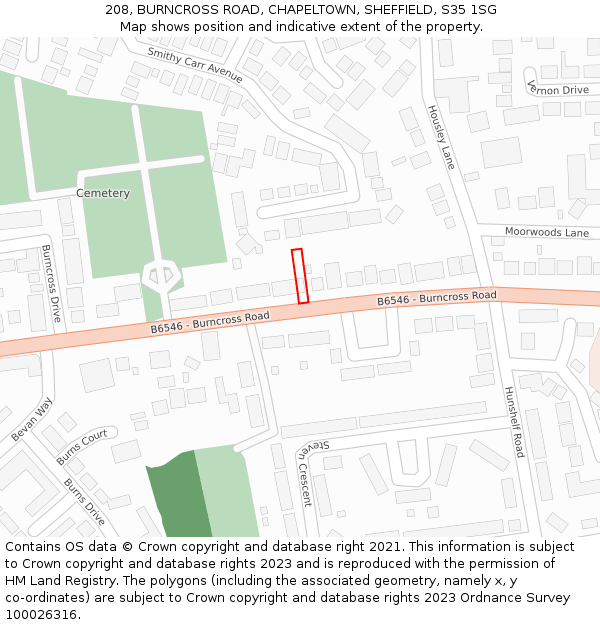 208, BURNCROSS ROAD, CHAPELTOWN, SHEFFIELD, S35 1SG: Location map and indicative extent of plot