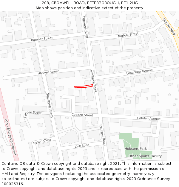 208, CROMWELL ROAD, PETERBOROUGH, PE1 2HG: Location map and indicative extent of plot
