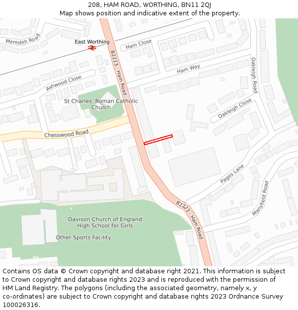 208, HAM ROAD, WORTHING, BN11 2QJ: Location map and indicative extent of plot