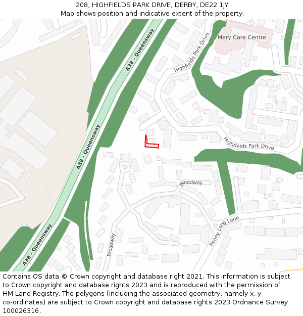 208, HIGHFIELDS PARK DRIVE, DERBY, DE22 1JY: Location map and indicative extent of plot