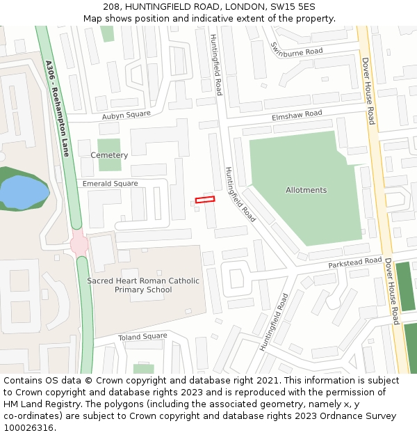 208, HUNTINGFIELD ROAD, LONDON, SW15 5ES: Location map and indicative extent of plot