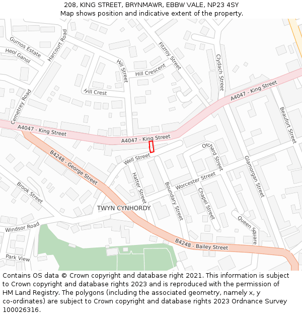 208, KING STREET, BRYNMAWR, EBBW VALE, NP23 4SY: Location map and indicative extent of plot
