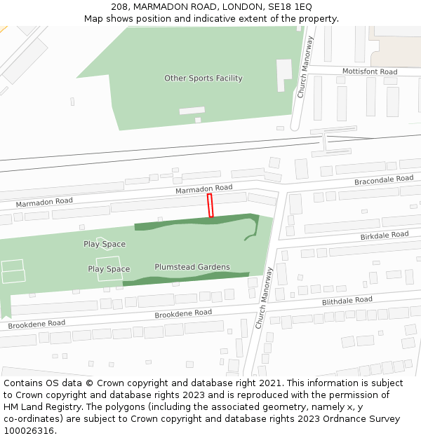 208, MARMADON ROAD, LONDON, SE18 1EQ: Location map and indicative extent of plot