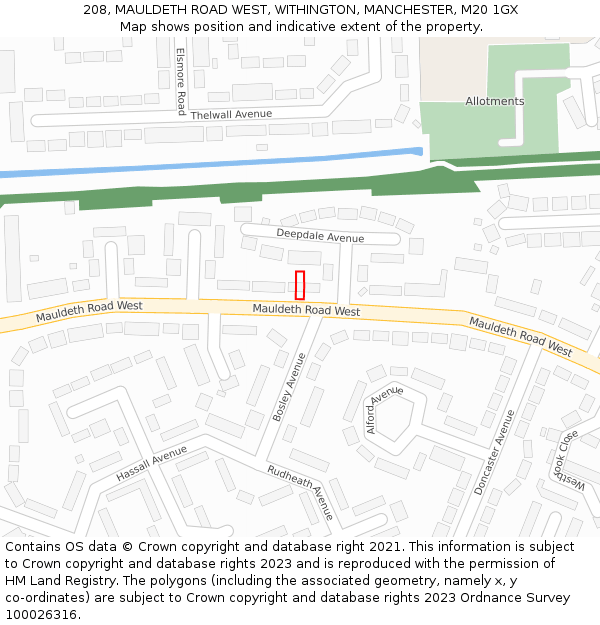 208, MAULDETH ROAD WEST, WITHINGTON, MANCHESTER, M20 1GX: Location map and indicative extent of plot
