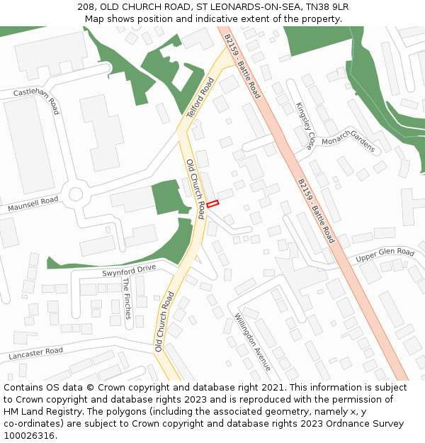 208, OLD CHURCH ROAD, ST LEONARDS-ON-SEA, TN38 9LR: Location map and indicative extent of plot