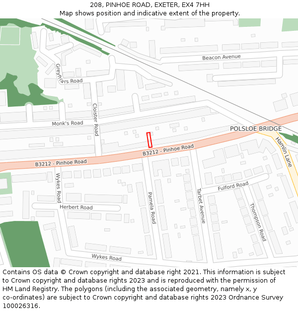 208, PINHOE ROAD, EXETER, EX4 7HH: Location map and indicative extent of plot