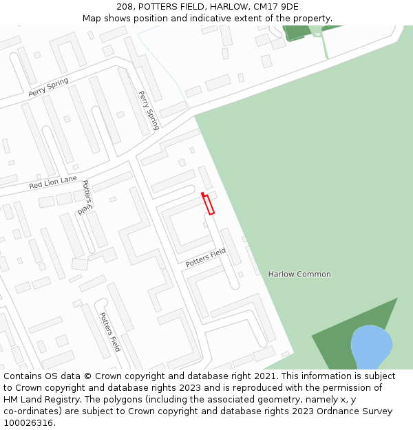 208, POTTERS FIELD, HARLOW, CM17 9DE: Location map and indicative extent of plot