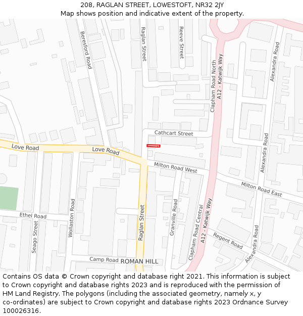 208, RAGLAN STREET, LOWESTOFT, NR32 2JY: Location map and indicative extent of plot