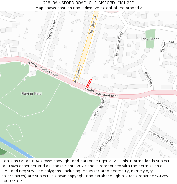 208, RAINSFORD ROAD, CHELMSFORD, CM1 2PD: Location map and indicative extent of plot