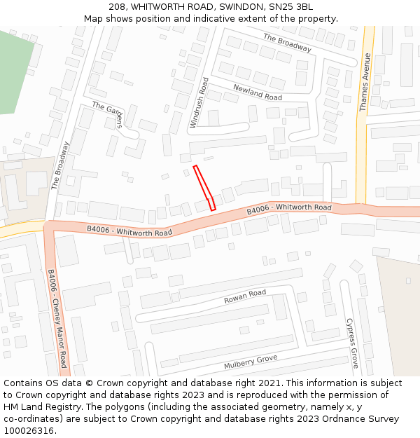 208, WHITWORTH ROAD, SWINDON, SN25 3BL: Location map and indicative extent of plot