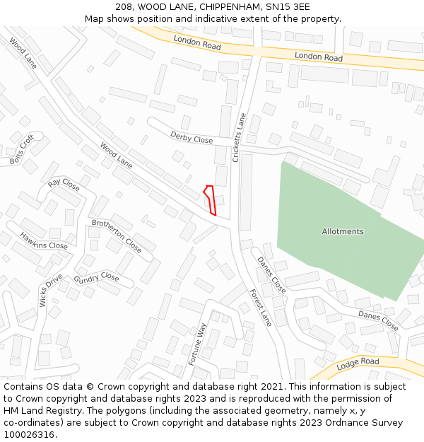 208, WOOD LANE, CHIPPENHAM, SN15 3EE: Location map and indicative extent of plot