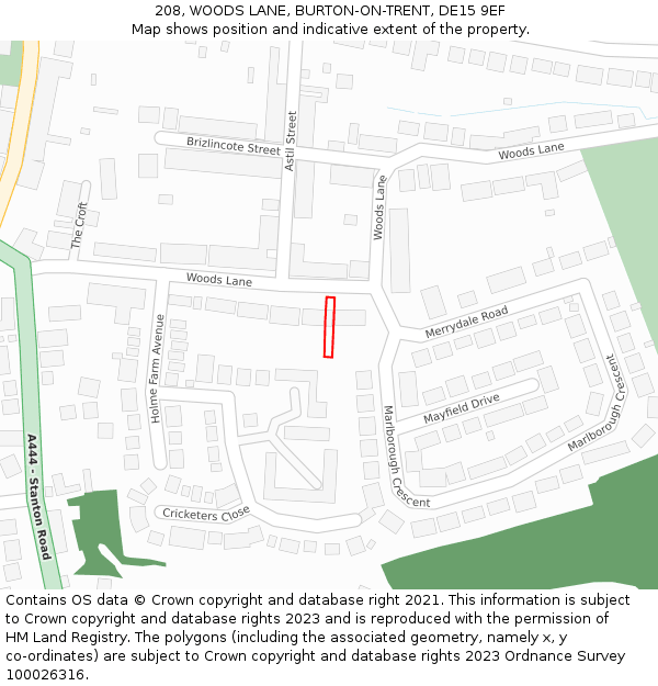 208, WOODS LANE, BURTON-ON-TRENT, DE15 9EF: Location map and indicative extent of plot