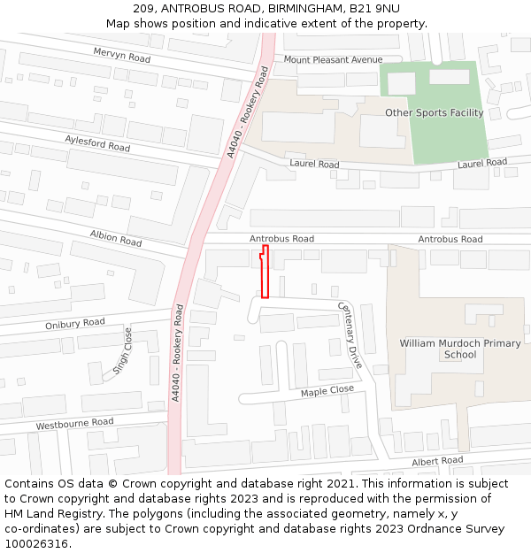 209, ANTROBUS ROAD, BIRMINGHAM, B21 9NU: Location map and indicative extent of plot