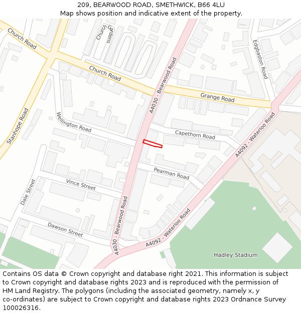 209, BEARWOOD ROAD, SMETHWICK, B66 4LU: Location map and indicative extent of plot