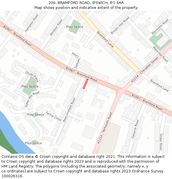 209, BRAMFORD ROAD, IPSWICH, IP1 4AA: Location map and indicative extent of plot