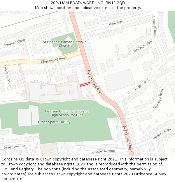 209, HAM ROAD, WORTHING, BN11 2QB: Location map and indicative extent of plot