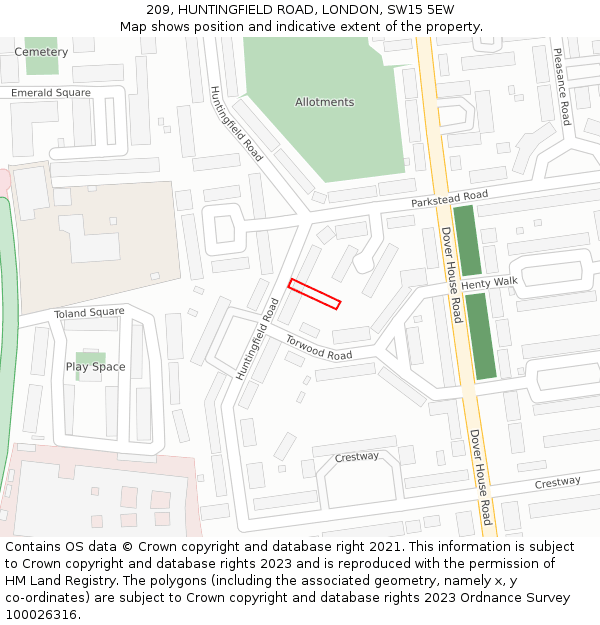 209, HUNTINGFIELD ROAD, LONDON, SW15 5EW: Location map and indicative extent of plot