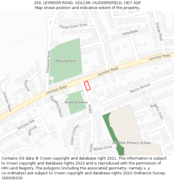 209, LEYMOOR ROAD, GOLCAR, HUDDERSFIELD, HD7 4QP: Location map and indicative extent of plot
