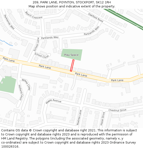 209, PARK LANE, POYNTON, STOCKPORT, SK12 1RH: Location map and indicative extent of plot
