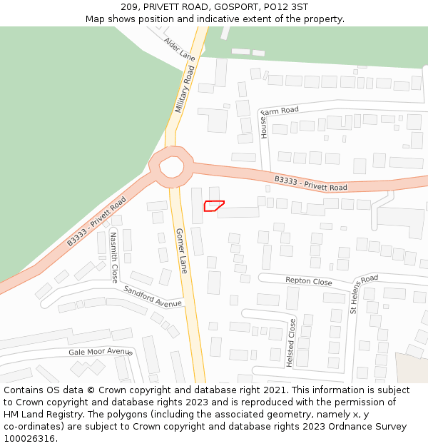 209, PRIVETT ROAD, GOSPORT, PO12 3ST: Location map and indicative extent of plot
